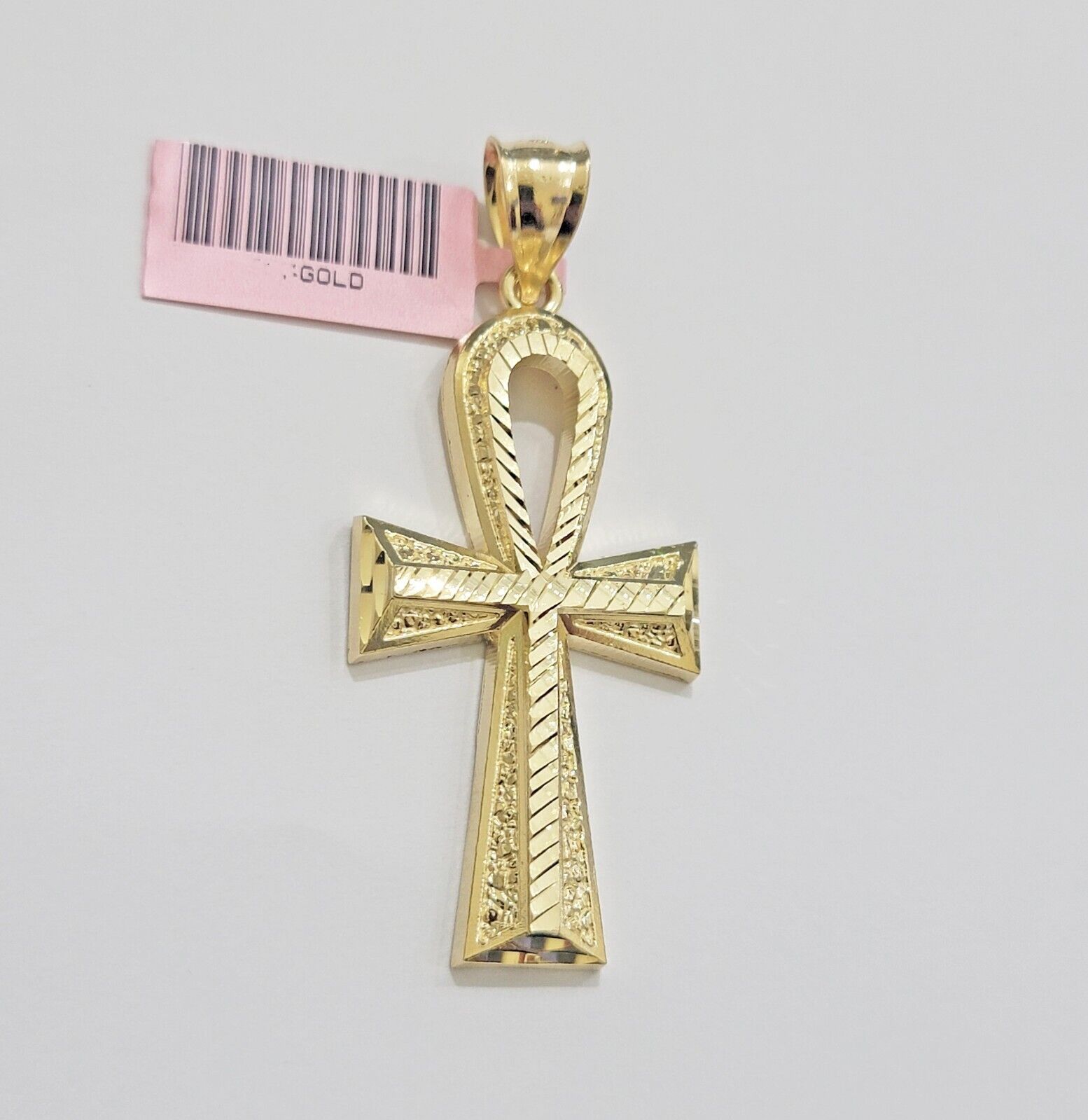 Real 10k Yellow Gold Ankh charm pendant 1.5" Diamond Cuts Cross Charm for Chain - GoldenlinQ